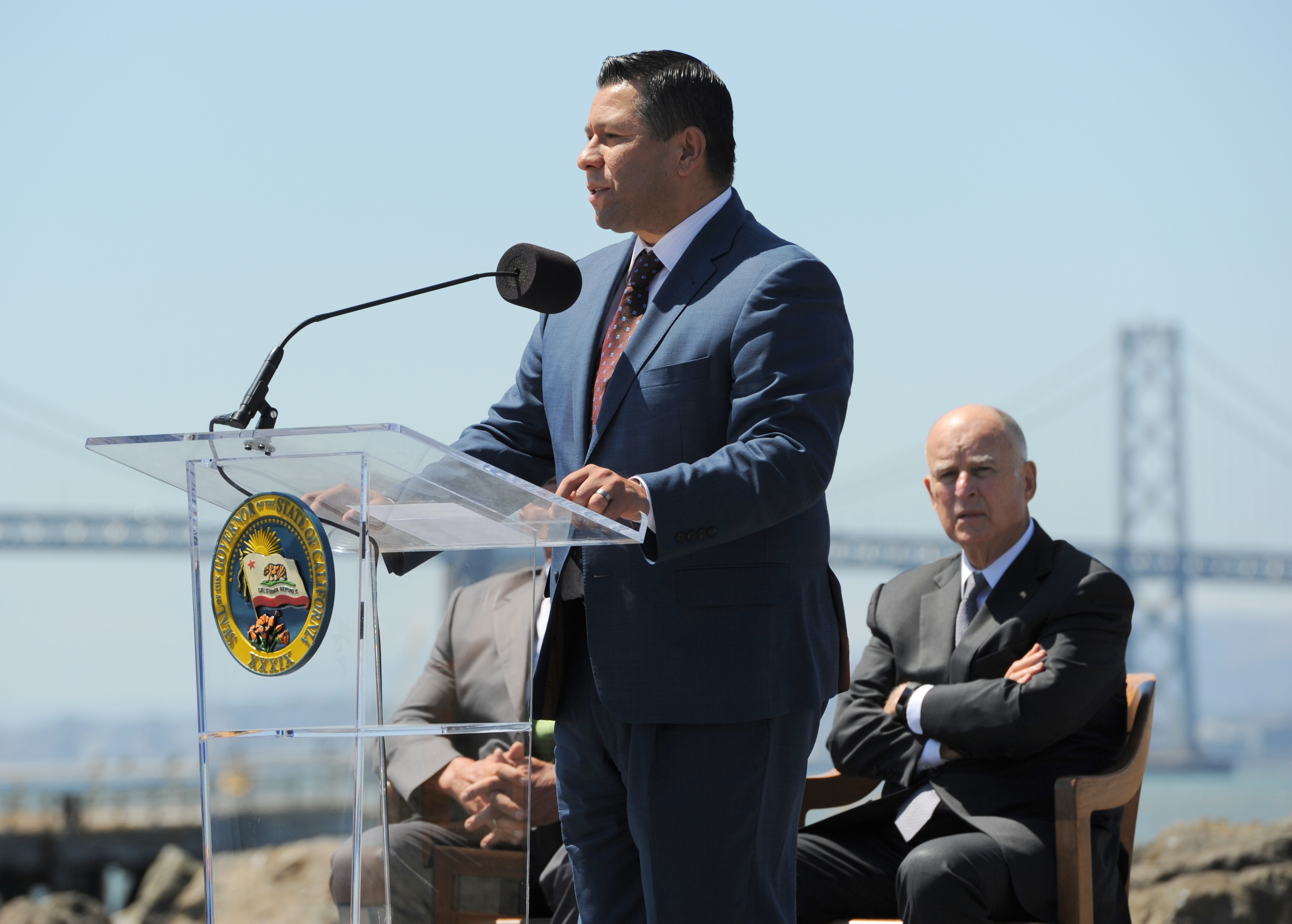 Assemblymember Eduardo Garcia and Governor Brown at signing of groundbreaking climate change legislation