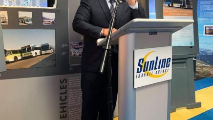 Assemblymember Garcia speaks to the crowd at SunLine Transit Agency